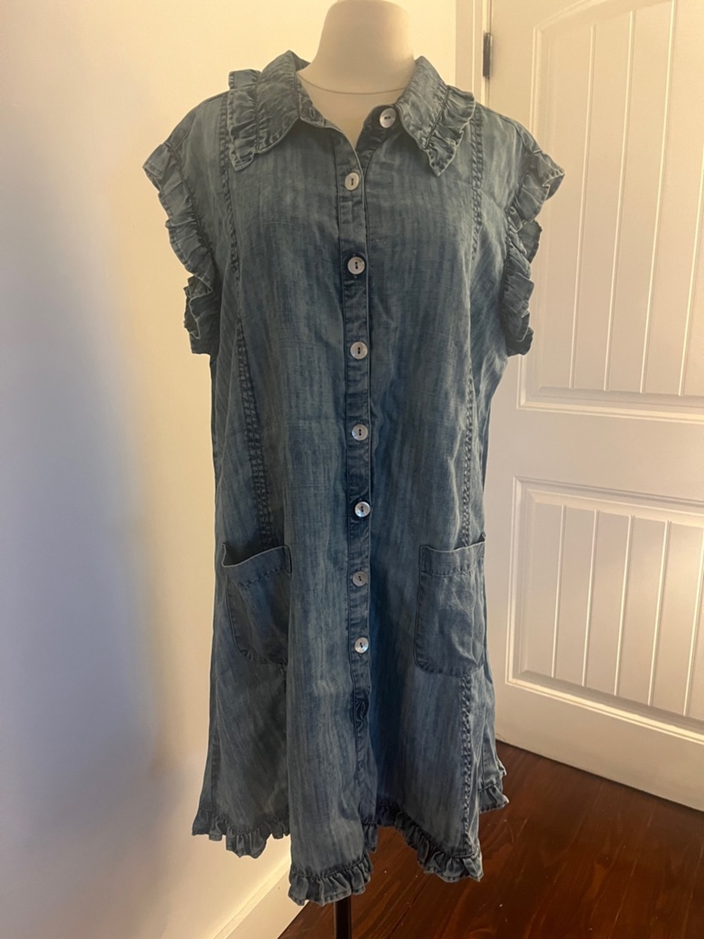 ivy jane Chambray Blue Button-Front Ruffle Midi Dress